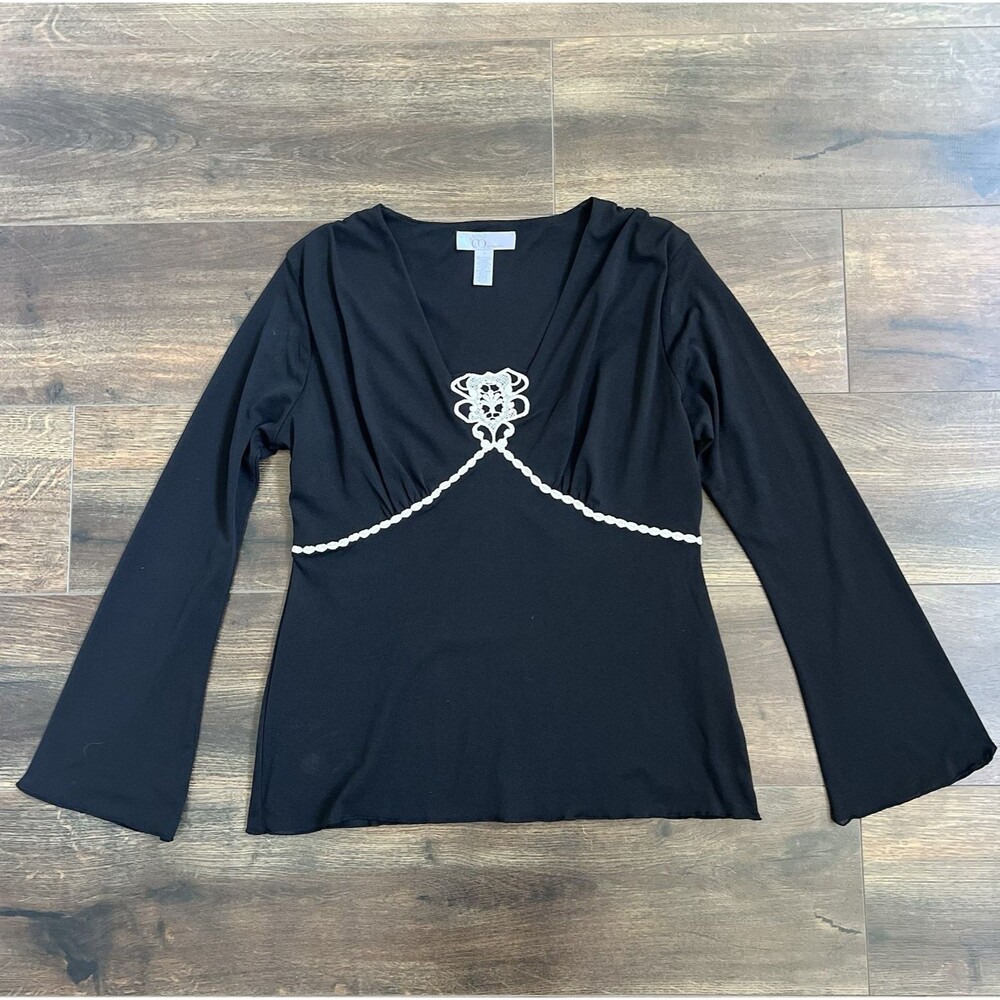 Nine & Co Woman Blouse Top Size Large Black Sheer V-Neck Vintage Whimsigoth
